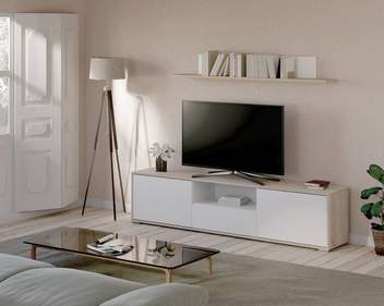 Composición mueble TV y estante - Composición mueble de TV de 183 cm 2 puertas y 1 cajón y estante de 172 cms, color cambrian combinado blanco. Opciones de patas