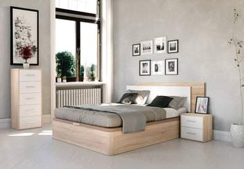 Dorm. URBAN Cambrian-Blanco - Dormitorio de matrimonio color blanco o roble cámbrian combinado combinado blanco, formado por cabecero, dos mesitas y sinfonier