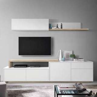 Composición Salón TREND de 246cm - Modular para salón/comedor: Mueble TV de 240 cm, Modulo alto 1 puerta elevable y estante pared. Color blanco o cambrian