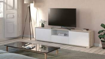 Composición mueble TV y estante - Composición mueble de TV de 183 cm 2 puertas y 1 cajón y estante de 172 cms, color cambrian combinado blanco. Opciones de patas