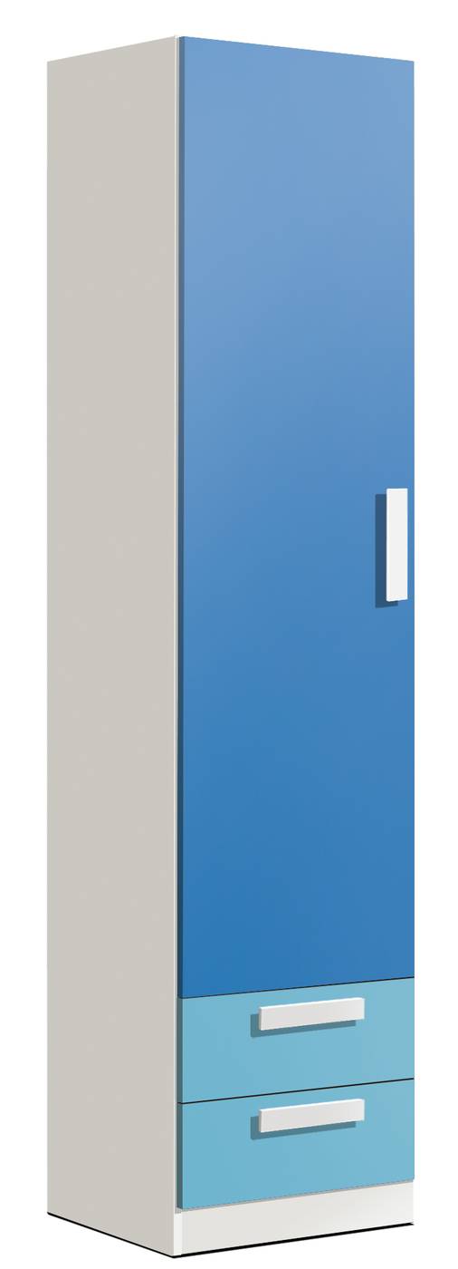 Armario ropero juvenil de color blanco, de 220 cm. de  alto, con una puerta y dos cajones de color