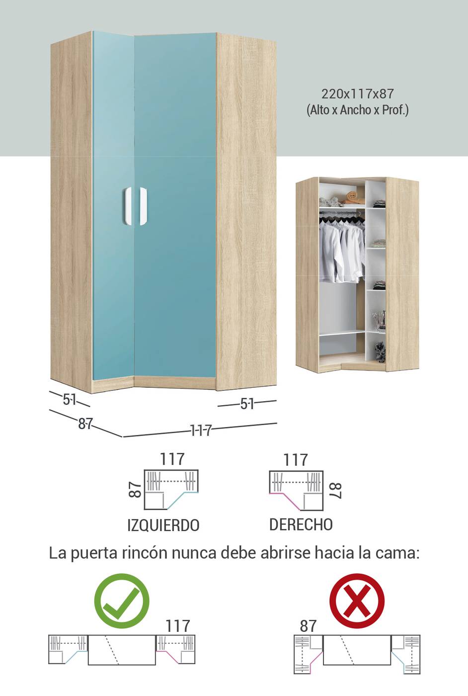 Armario Juvenil Rincón en L - Armario rincón de dos puertas en L , opción derecha o izquierda, color Blanco o Roble Cambrian y puertas varios colores a elegir