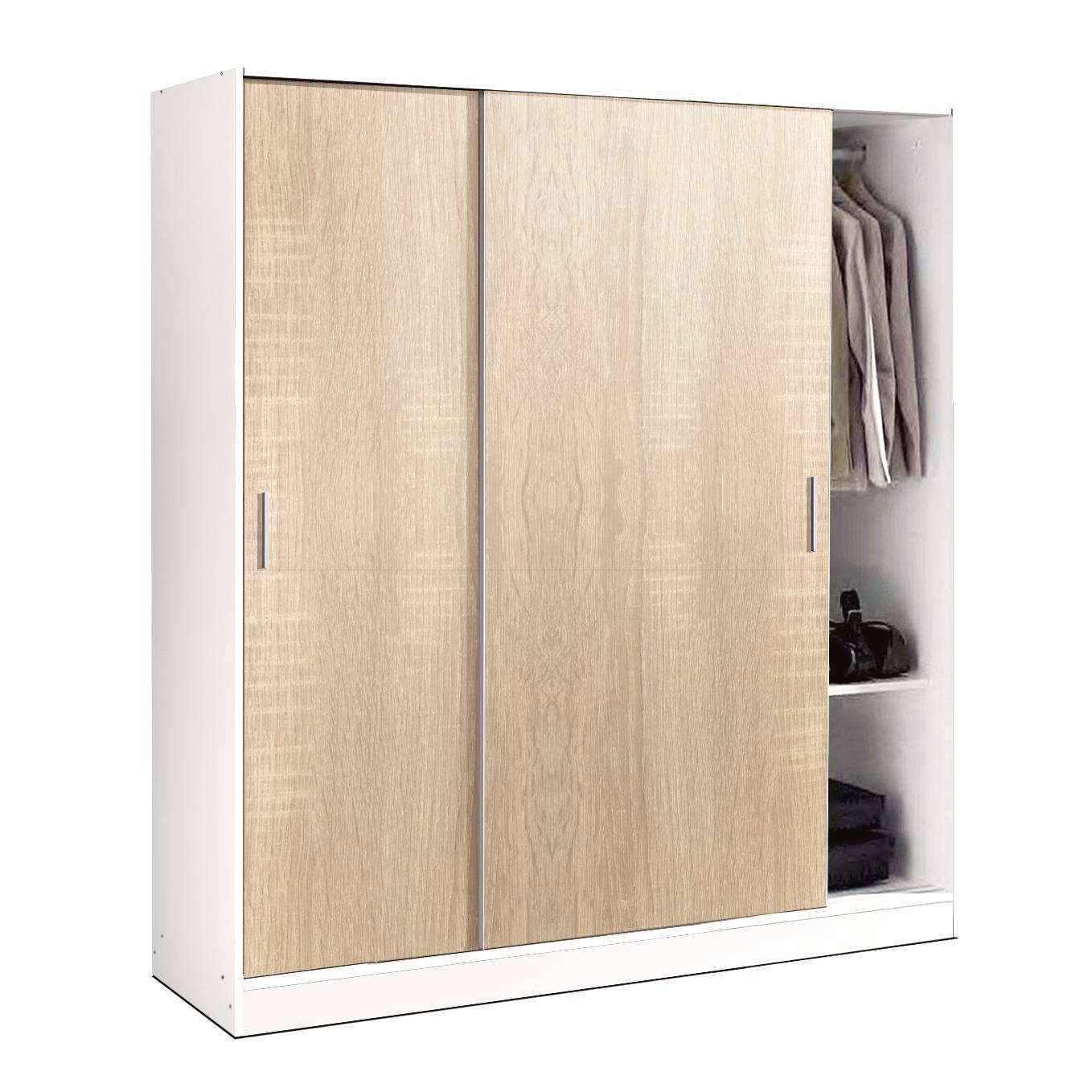 Armario blanco 2 puertas correderas color roble. 200cm (alto) x 182cm (ancho). Cajonera 3 cajones opcional.