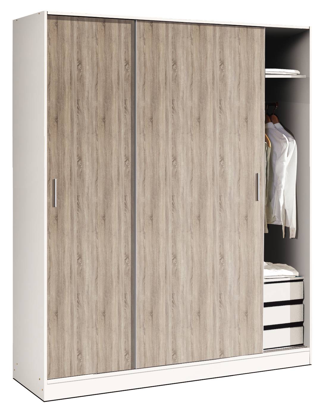 Armario Corredero Roble 218x182 - Armario blanco 2 puertas correderas color roble y opcional cajonera 3 cajones. 218cm (alto) x 182cm (ancho)