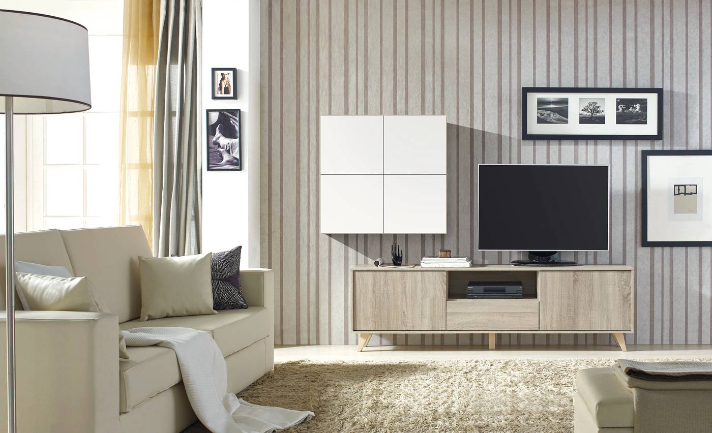 Mueble TV 183 cm 2 puertas - Mueble de TV de 183 cm, 2 puertas, 1 cajón y 1 hueco. Opciones de color y patas