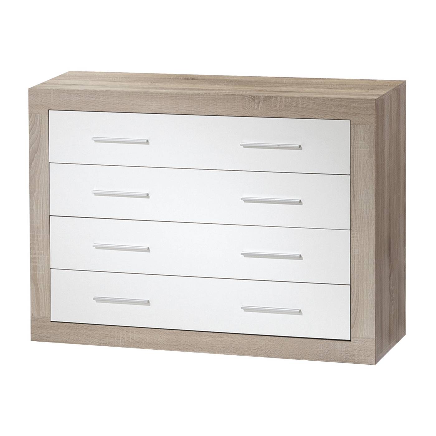 Cómoda Sena Blanco - Cómoda de 4 cajones con guías metálicas, de color blanco o roble danés combinado con blanco