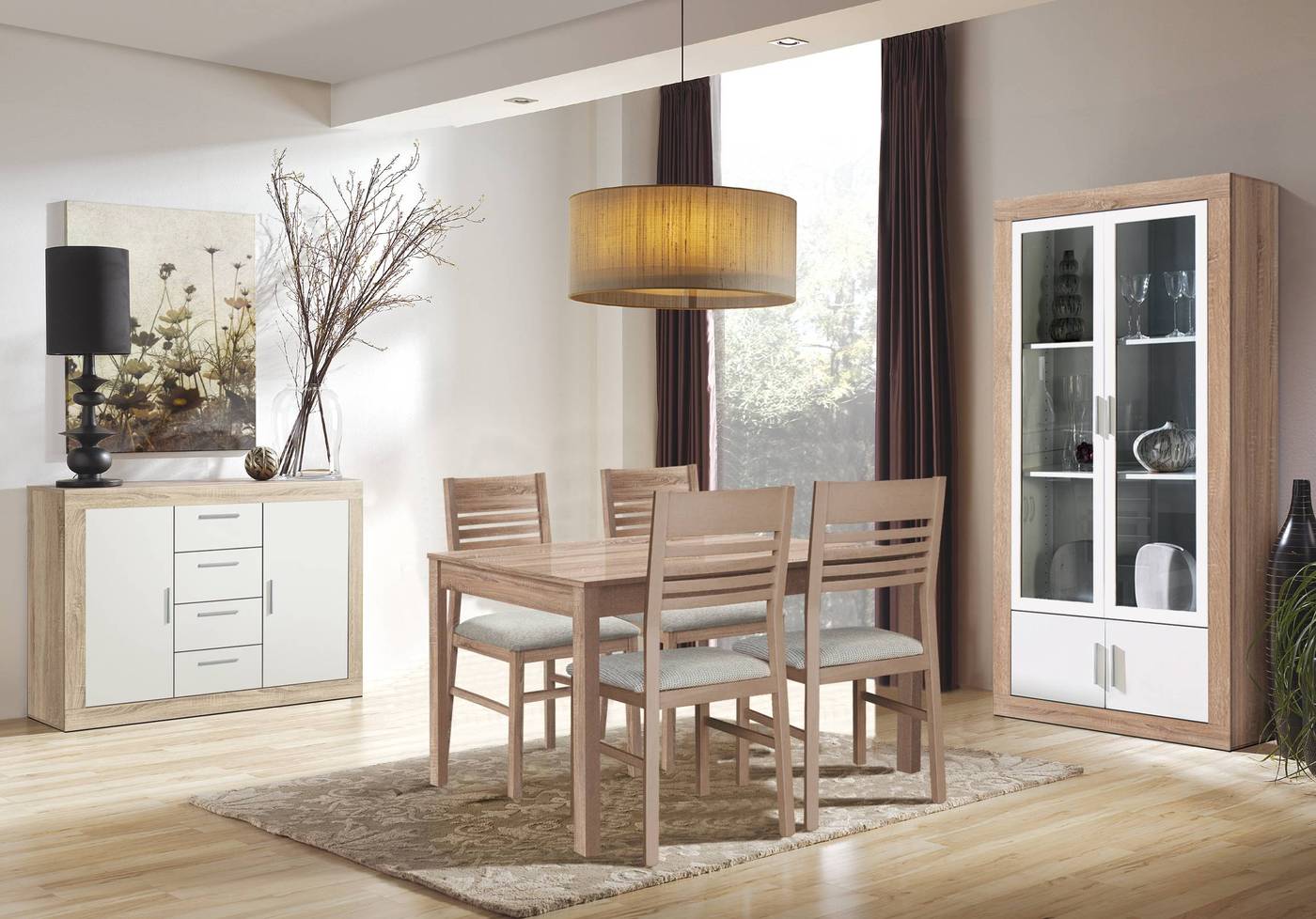 Vitrina Roble-Blanca - Vitrina para salón/comedor, color roble claro combinado con blanco