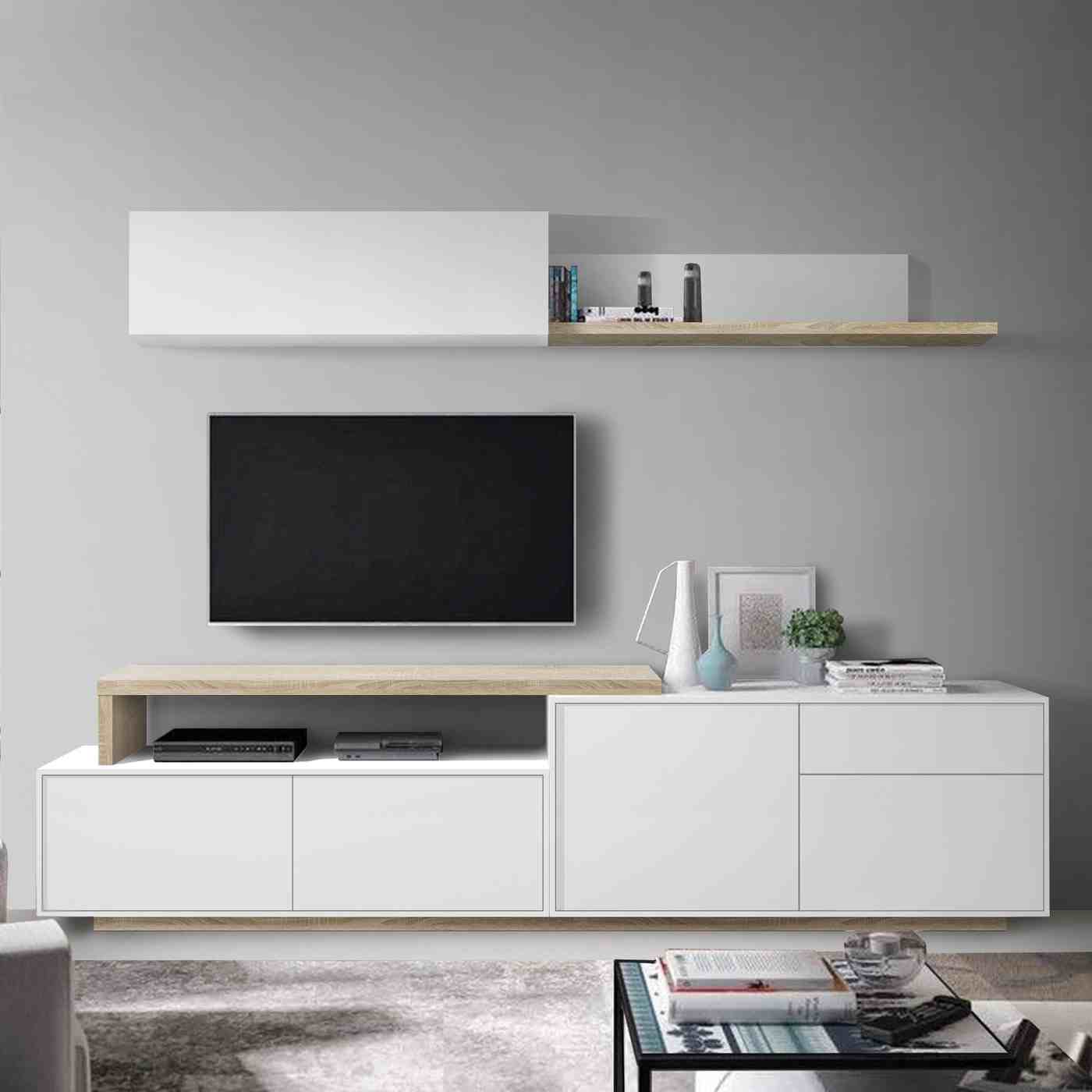 Modular para salón/comedor: Mueble TV de 240 cm, Modulo alto 1 puerta elevable y estante pared. Color blanco combinado roble