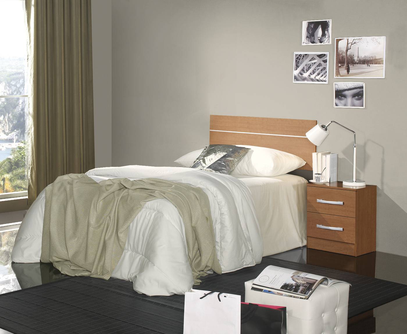 Dormitorio Juvenil Life - Dormitorio juvenil color acacia, blanco o cerezo inglés: mesita 2 cajones y cabecero
