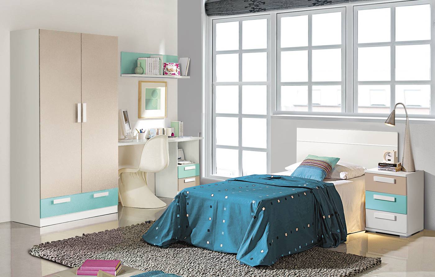 Dormitorio Juvenil Blanco - Dormitorio juvenil: mesita 3 cajones y cabecero color blanco