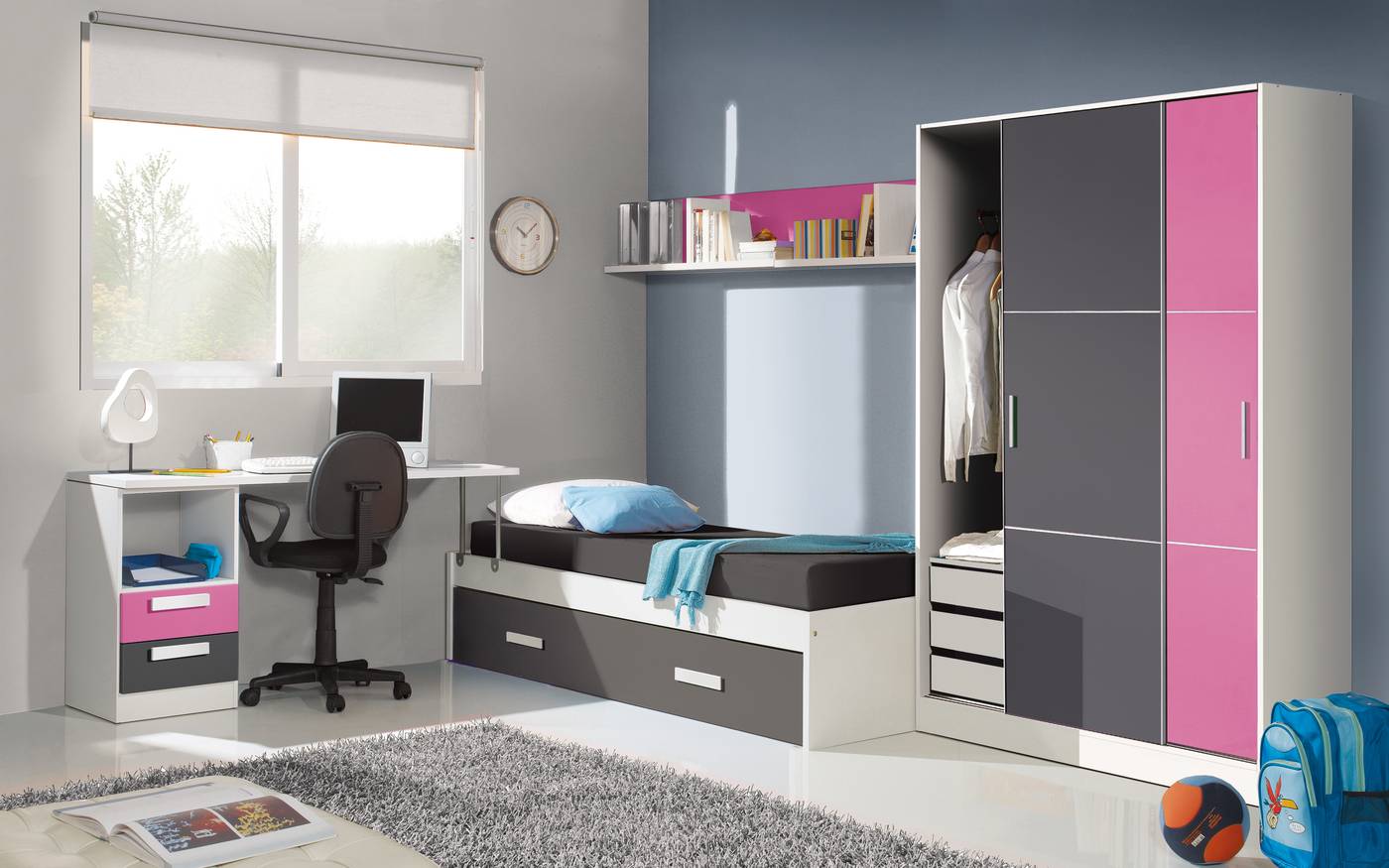 Habitación juvenil disponible en varios colores: mesa, compacto y estantes.