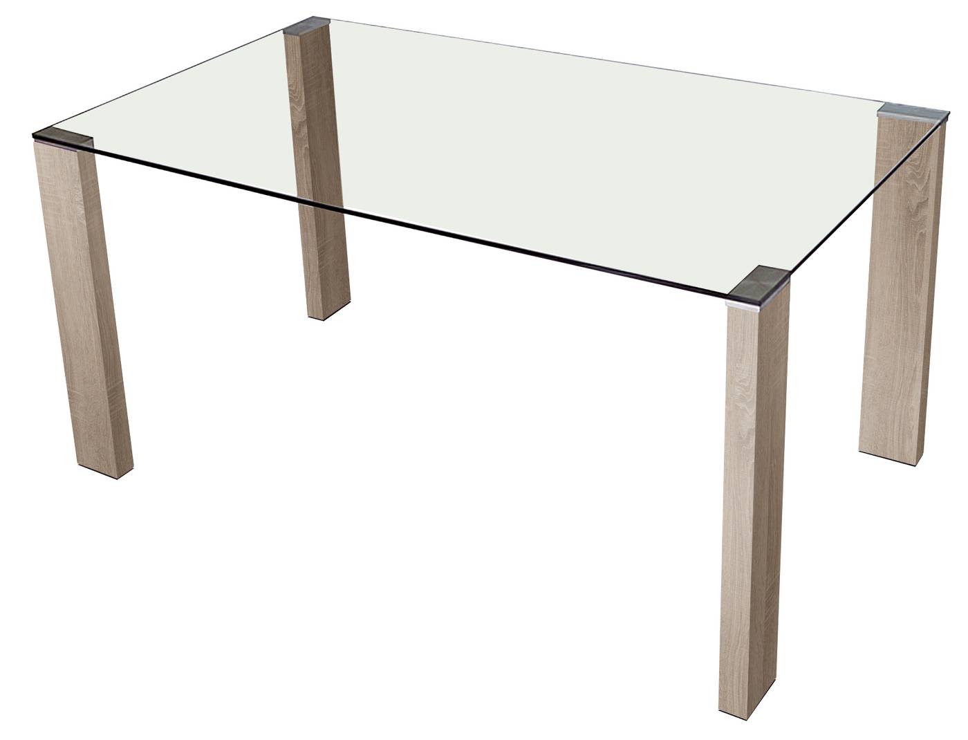 Mesa de comedor. Patas madera color roble y tapa de cristal templado de seguridad