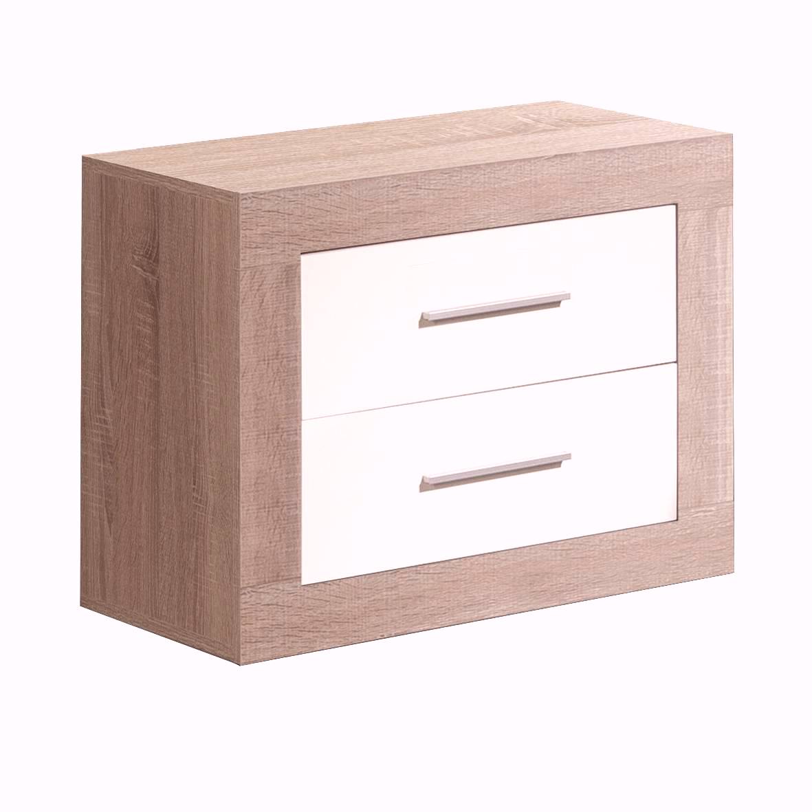 Mesita de 2 cajones con guías metálicas, de color blanco o roble danés combinado con blanco