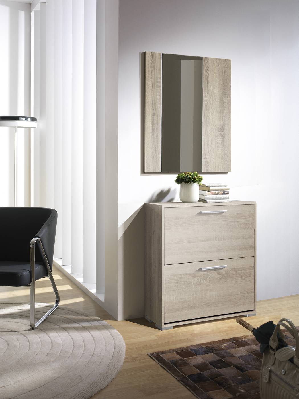 Mueble recibidor con cajón y espejo madera roble y blanco