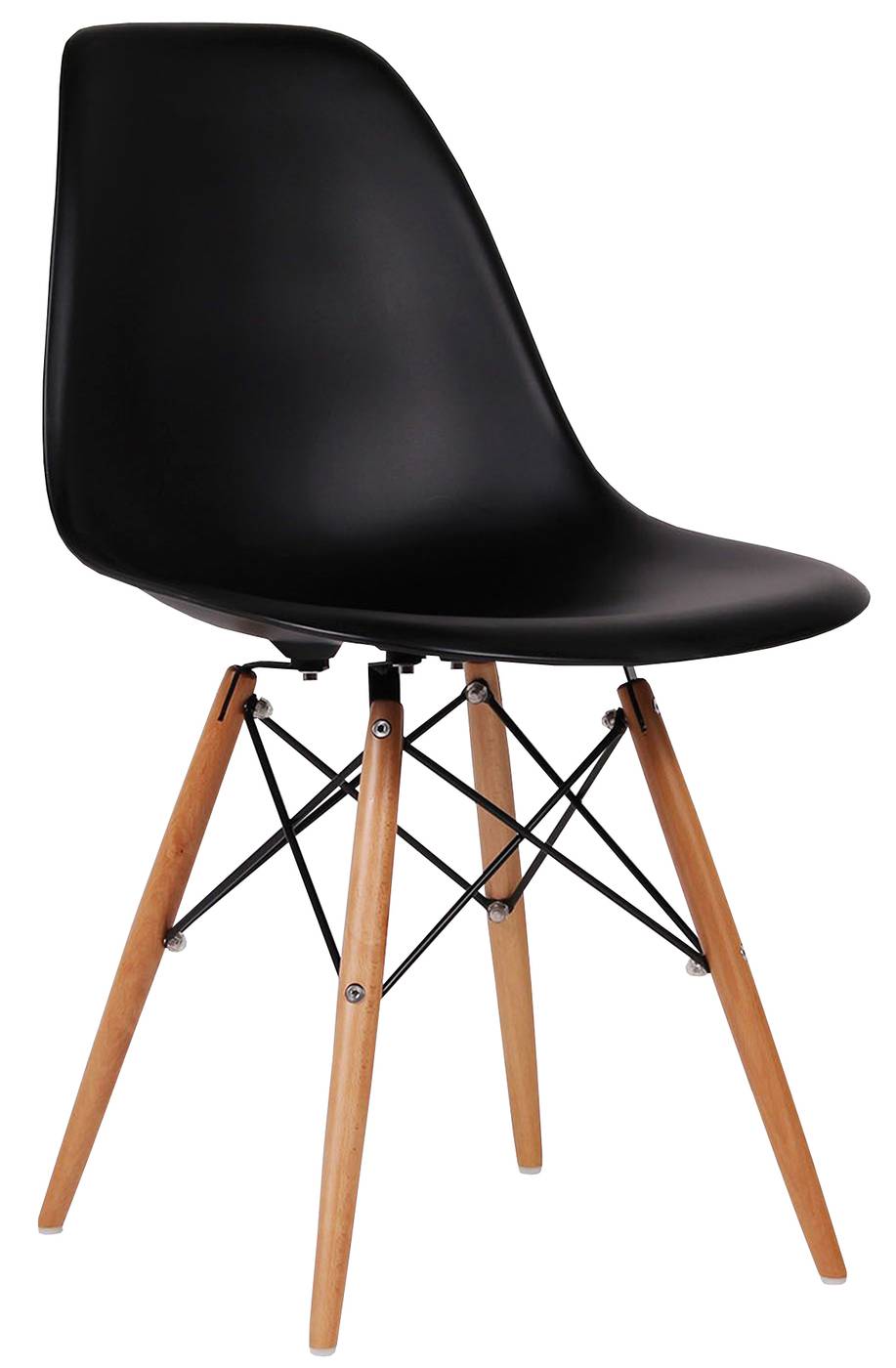 Silla de comedor. Patas de madera, con respaldo y asiento de polipropileno color negro.