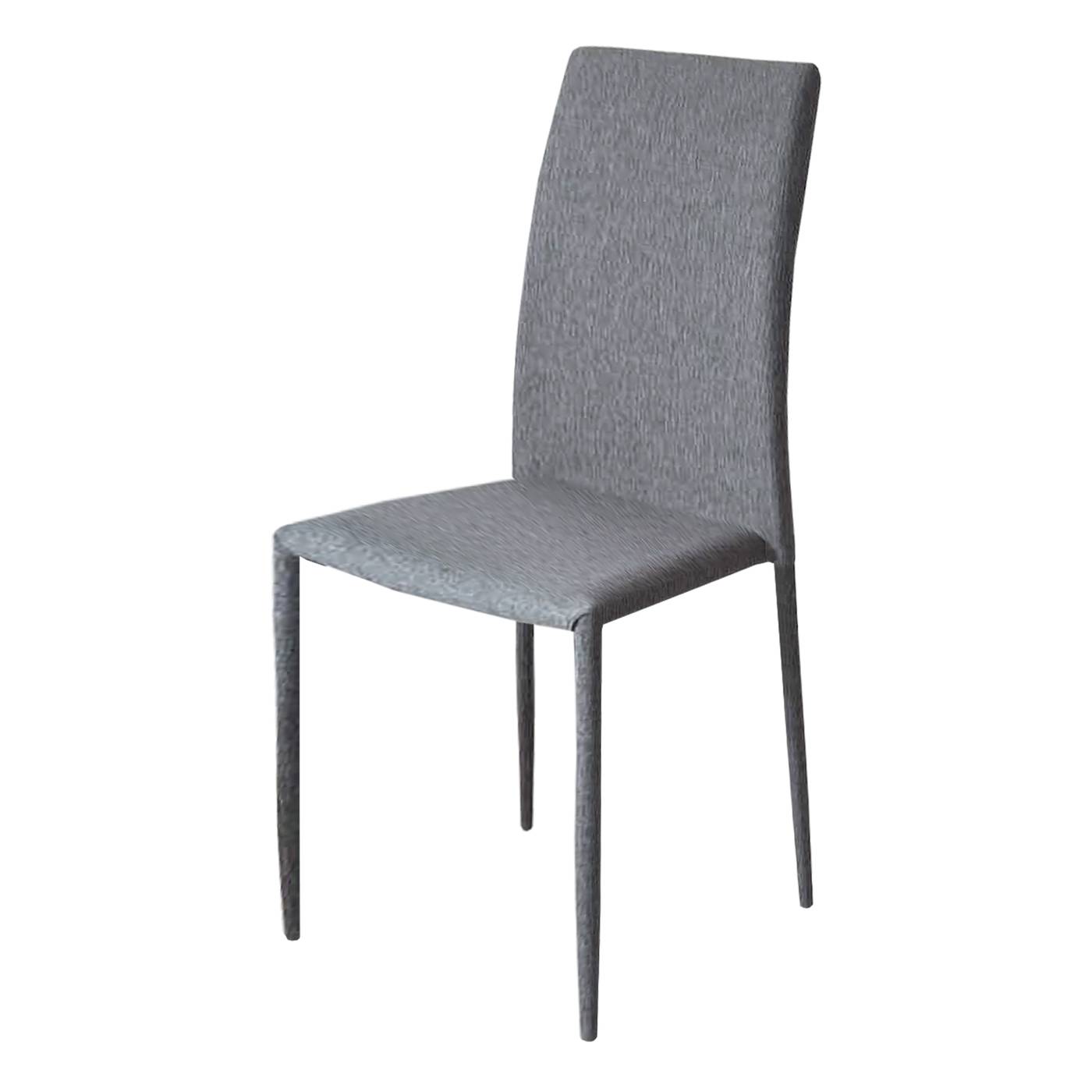 Pack de 4 Sillas de comedor apilable, con respaldo y asiento acolchado tapizado con tela color gris.