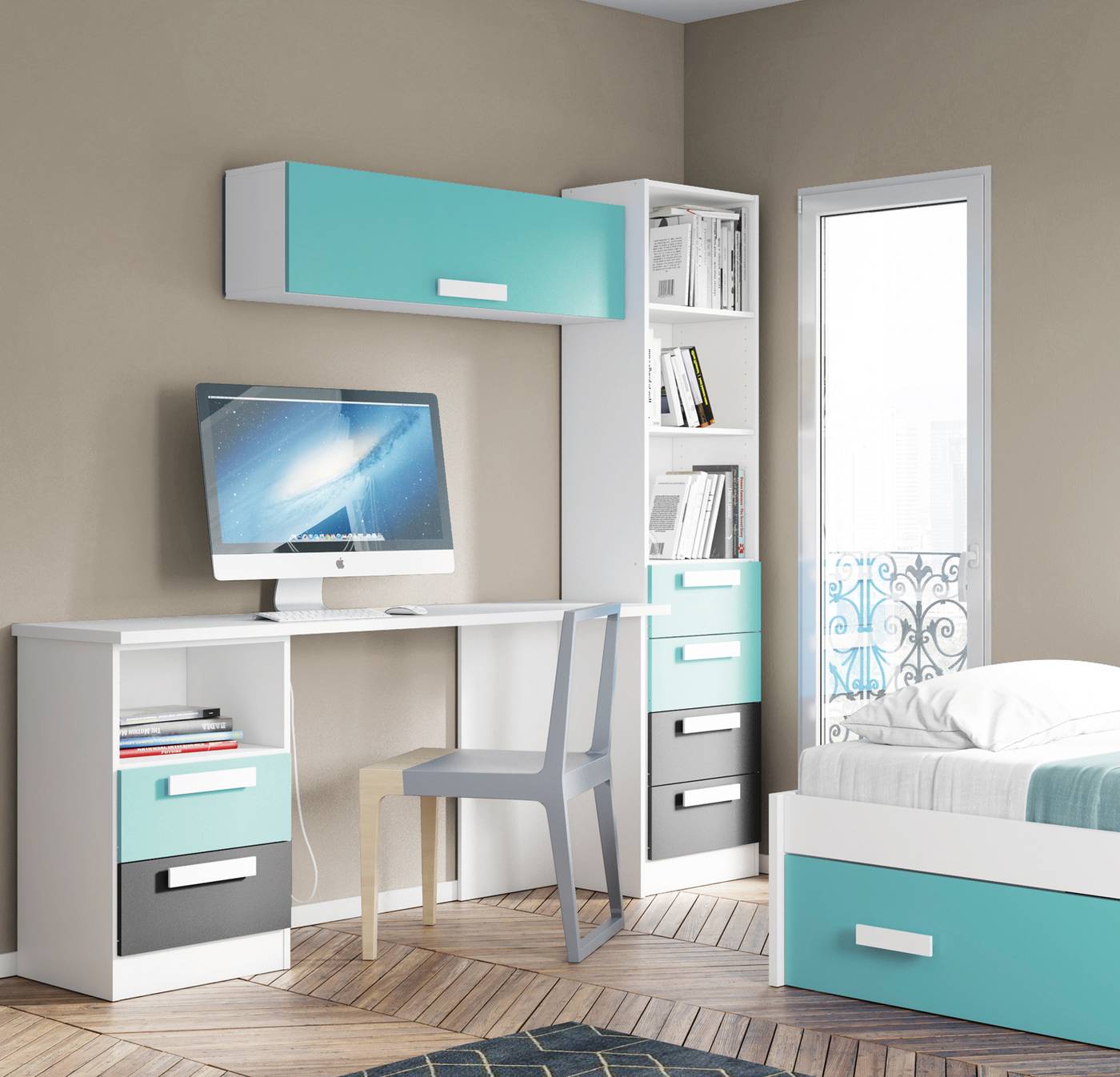 Escritorio con estanterías para dormitorio juvenil | Muebles Valencia®  Acabado A Caledonia - Melamina Base4 Acabado B Terracota - Melamina Base4