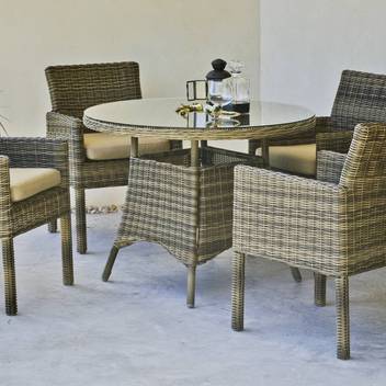 Mesa de comedor-jardín ◯100 de ratán [Borsalino] de Hevea - Mesa redonda de 100 cm. para jardín, con tapa de cristal de seguridad. Fabricada con médula sintética de calidad extra