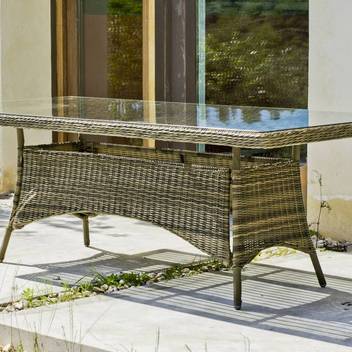 Mesa Ratán Borsalino-220 de Hevea - Mesa de comedor de 220 cm. para jardín o terraza. Fabricada con médula sintética calidad extra. Tablero de cristal templado.