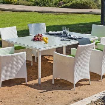 Mesa de comedor-jardín ▯180 de ratán [Astorga] de Hevea - Mesa de médula sintética de 180 cm para jardín, desmontable, color blanco, con tapa de cristal templado