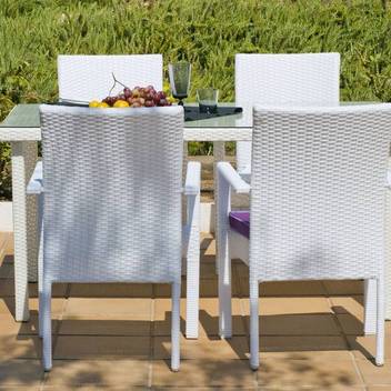 Conjunto mesa ▯150 + 4 sillones de ratán [Astorga] de Hevea - Conjunto de ratán sintético color blanco para jardín: mesa de 150 cm. con tapa de cristal templado y 4 sillones con cojines