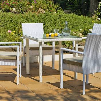 Set mesa ▢80 + 4 sillones de ratán [Sandra-Emir] de Hevea - Conjunto de ratán sintético para jardín o terraza: mesa cuadrada de 80 cm. con tapa de cristal templado y 4 sillones con cojín