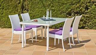 Conjunto Ratán Sint. Villa-150 de Hevea - Conjunto de jardín: mesa de 150 cm. con tapa de cristal templado y 4 sillas con cojines
