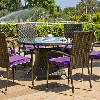 Conjunto mesa ◯120 + 4 sillones de ratán [Bergamo] de Hevea - Conjunto de ratán sintético color marrón para jardín: mesa redonda de 120 cm. + 4 sillones apilables con cojines
