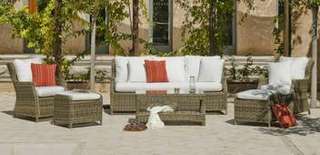 Set ratán: sofá 3p + 2 sillones + mesa [Borsalino] de Hevea - Conjunto de médula sintética calidad superior para jardín: sofá 3 plazas, 2 sillones y 1 mesa de centro