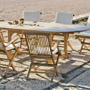 Set Madera Teka Seroni-Ext de Hevea - Conjunto de madera de teka maciza: Mesa extensible de 180 a 240 cm, 8 sillones con cojines asiento