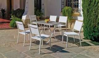 Set aluminio: mesa plegable ▯120 +6 sillas [Arian] de Hevea - Conjunto aluminio color blanco para jardín y terraza: mesa rectangular plegable de 120 cm. con tablero de heverzaplus + 6 sillas de aluminio y textilen