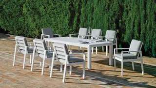 Set Aluminio Camelia-220/8 de Hevea - Lujoso conjunto de alumino: Mesa de comedor de 220cm. + 8 sillones + cojines. Disponible en color blanco, antracita, champagne, plata o marrón