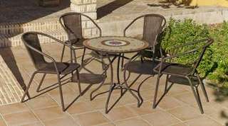 Conjunto Mosaico Claire-Brasil 75-4 de Hevea - Conjunto para jardín y terraza de acero: 1 mesa de acero forjado con panel mosaico + 4 sillones de wicker reforzado