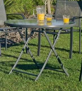 Mesa ◯90 de acero color gris antracita [Cordoba] de Hevea - Mesa redonda plegable de acero, para jardín o terraza, con tablero de cristal templado de 90 cm.