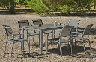 Conjunto Aluminio Denis-Amberes de Hevea - Conjunto aluminio color plata: mesa rectangular con tablero de 150 cm. de  poliwood + 4 sillones de alumnio y textilen