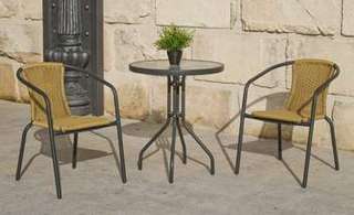 Conjunto Acero Valencia 60-2 de Hevea - Conjunto de acero inoxidable color antracita: mesa con tablero de cristal templado de 60 cm. + 2 sillones de acero y wicker reforzado
