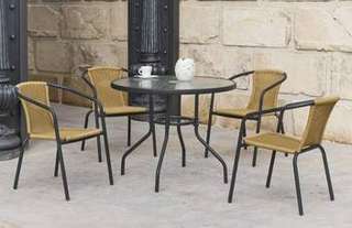 Conjunto mesa ◯90 + 4 sillones de acero [Valencia] de Hevea - Conjunto de acero color antracita, para jardín o terraza: mesa con tablero de cristal templado de 90 cm. + 4 sillones de acero y wicker sintético