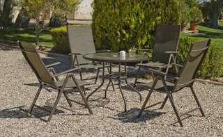 Set Mesa ◯90 acero + 4 tumbonas plegables [Macao] de Hevea - Conjunto para jardín y terraza: Mesa redonda de 90 cm con tapa de cristal templado y 4 tumbonas plegables multiposiciones