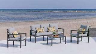 Set Aluminio Luxe Mandalay-8 de Hevea - Conjunto lujo: 1 sofá de 3 plazas + 2 sillones + 1 mesa de centro + cojines. Estructura aluminio de color blanco, plata, antracita, bronce, champagne o aguamarina.