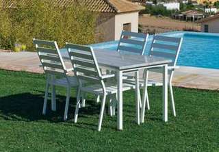 Set Aluminio Margot/Palma-120/4 de Hevea - Conjunto aluminio color blanco: mesa rectangular 120 cm. con tablero de heverzaplus y 4 sillones de aluminio