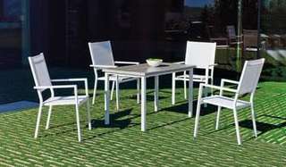Set Aluminio Margot/Roma-120/4 de Hevea - Conjunto aluminio color blanco, plata o antracita: mesa rectangular 120 cm. Con tablero de heverzaplus y 4 sillones de aluminio y textilen