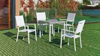 Set Aluminio Margot/Roma-80/4 de Hevea - Conjunto aluminio color blanco, plata o antractia: mesa cuadrada 80 cm. Con tablero de heverzaplus y 4 sillones de aluminio y textilen