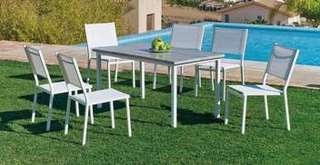 Set Aluminio Margot/Sion-120/6 de Hevea - Conjunto aluminio color blanco, plata o antracita: mesa rectangular 120 cm. Con tablero de heverzaplus y 6 sillas de aluminio y textilen