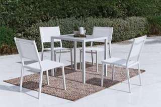 Set Aluminio Melea/Sion-80/4 de Hevea - Mesa de comedor de 80cm. + 4 sillas. Disponible en color blanco, antracita, champagne, plata o marrón.