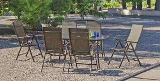 Mesa ▯150 de acero + 4 tumbonas textilen [Macao] de Hevea - Conjunto para jardiín color bronce: mesa de 150 cm con tapa de cristal templado + 4 tumbonas plegables multiposiciones