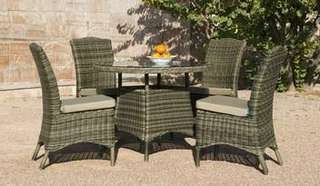 Set ratán: mesa ◯100 +4 sillas c/cojín [Borsalino] de Hevea - Conjunto de médula sintética calidad extra para jardín: mesa redonda de 100 cm. con tapa de cristal templado + 4 sillas con cojín