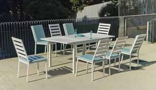 Mesa exten. ▯220 + 8 sillas, aluminio [Palma-Gra] de Hevea - Conjunto para jardín: mesa rectangular extensible de aluminio con tablero lamas de aluminio + 8 sillas de aluminio. Disponible en color blanco, antracita, champagne, plata, marrón o nude.