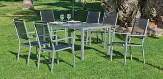 Mesa ▯150 alum. + 6 sillones textilen  [Palma-Ro] de Hevea - Conjunto para jardín: Mesa rectangular de aluminio con tablero lamas de aluminio + 6 sillones de textilen. Disponible en color blanco, antracita, champagne, plata, marrón o nude.