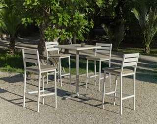 Set bar Sena/Tropea-70/4 de Hevea - Conjunto aluminio: mesa bar cuadrada de 70 cm. con tablero de Hevegalite y 4 taburetes de aluminio