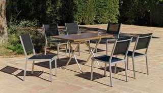 Set Aluminio Senia/Sion-120/6 de Hevea - Conjunto aluminio: mesa rectangular plegable de 120 cm. con tablero de heverzaplus y 6 sillas de aluminio y textilen